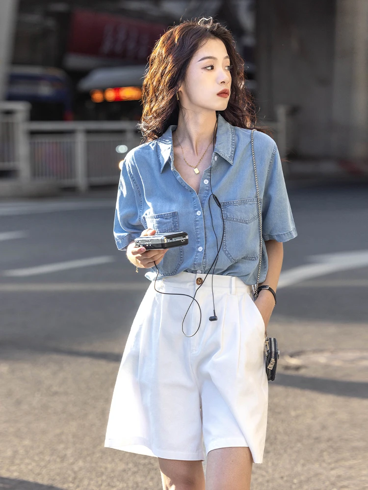 

Blue Loose ort Sve Ne Denim irt Hong Kong Sle Retro Women's Casual irt Commute Sle Blue Denim irt