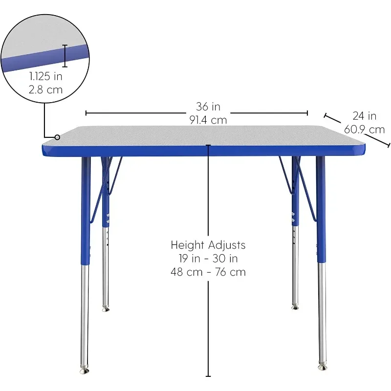 FDP Rectangle Activity School and Office Table (24 x 36 inch), Standard Legs with Swivel Glides, Adjustable Height 19-30 inches