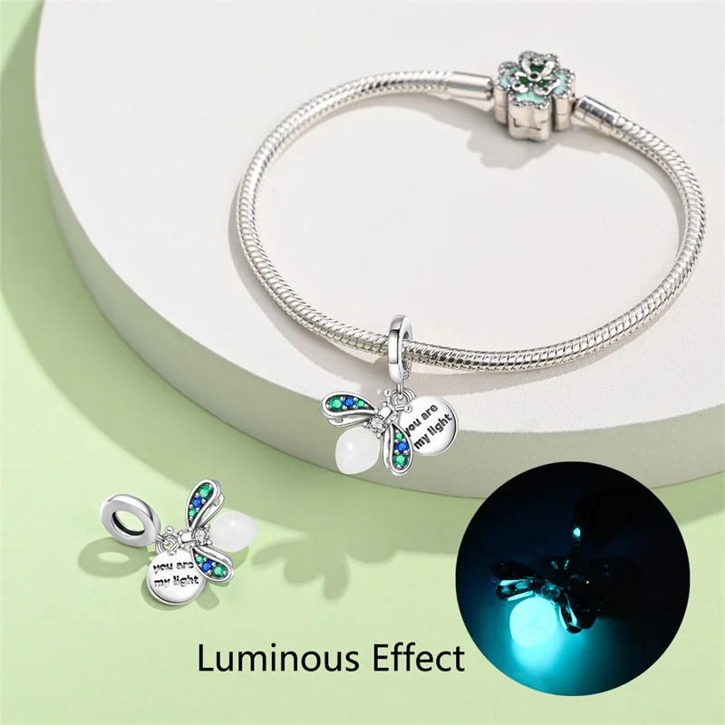 Glow Color Changing Firefly Charms Bead 925 Sterling Silver CZ Zircon Pendants Fit 3mm Original Bracelet DIY Jewelry Birthday Gi