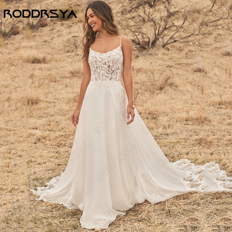 

RODDRSYA Sleeveless Chiffon A-Line Wedding Dress Square Collar Lace Appliques BrIdal Party Spaghetti Straps Backless Robe Mariée