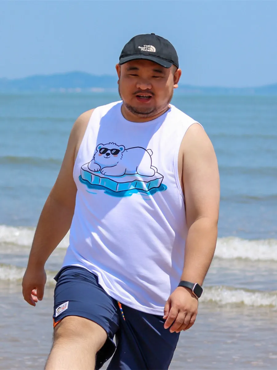 Men Cute Bear Summer Tank Tops, Oversize Loose Fit Sleeveless T-shirts with Polar Bear Print, Soft Breathable Cotton Wear XL-4XL