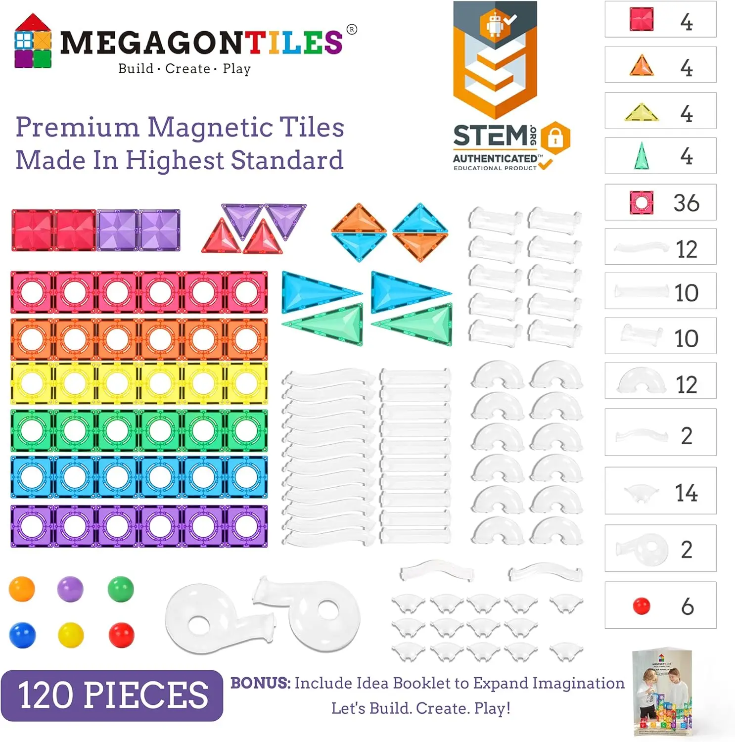 120PCS 프리미엄 MagneticTiles Marble Run, MagnetTiles, STEM 인증, 자석 블록, 자석 빌딩 블록, 자석