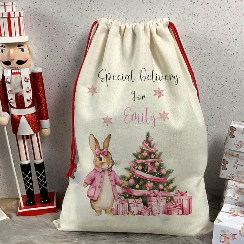 

personalised custom name Rabbit Santa sack Christmas stocking Merry Xmas eve holiday Decoration kid girl gift Present Toy Bag