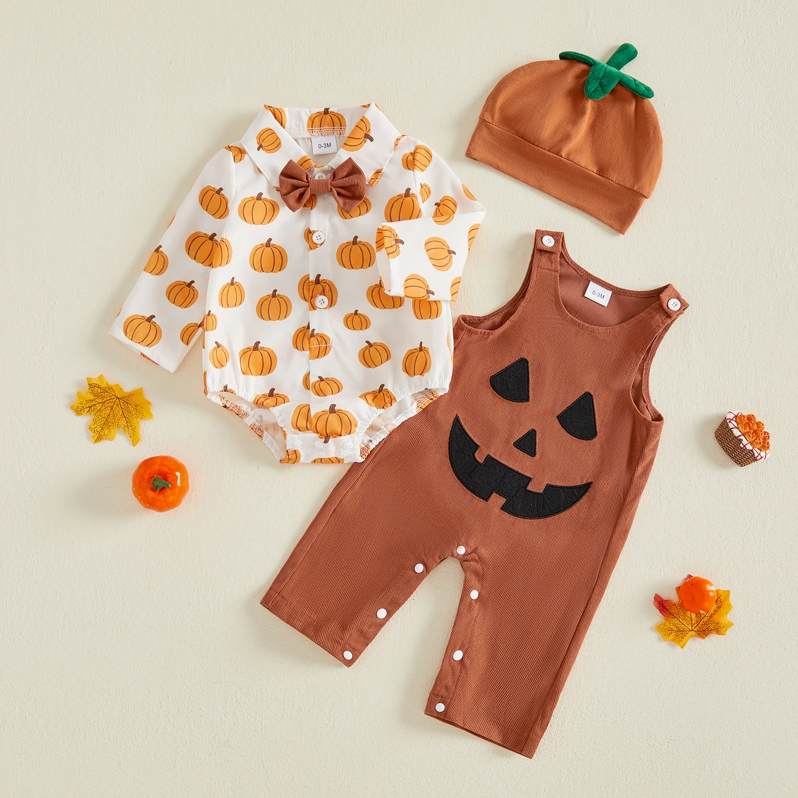 0-18M Infant Baby Boy Halloween Outfit Pumpkin Print Lapel Shirt Romper Overalls + Pants + Hat 3pcs Sets