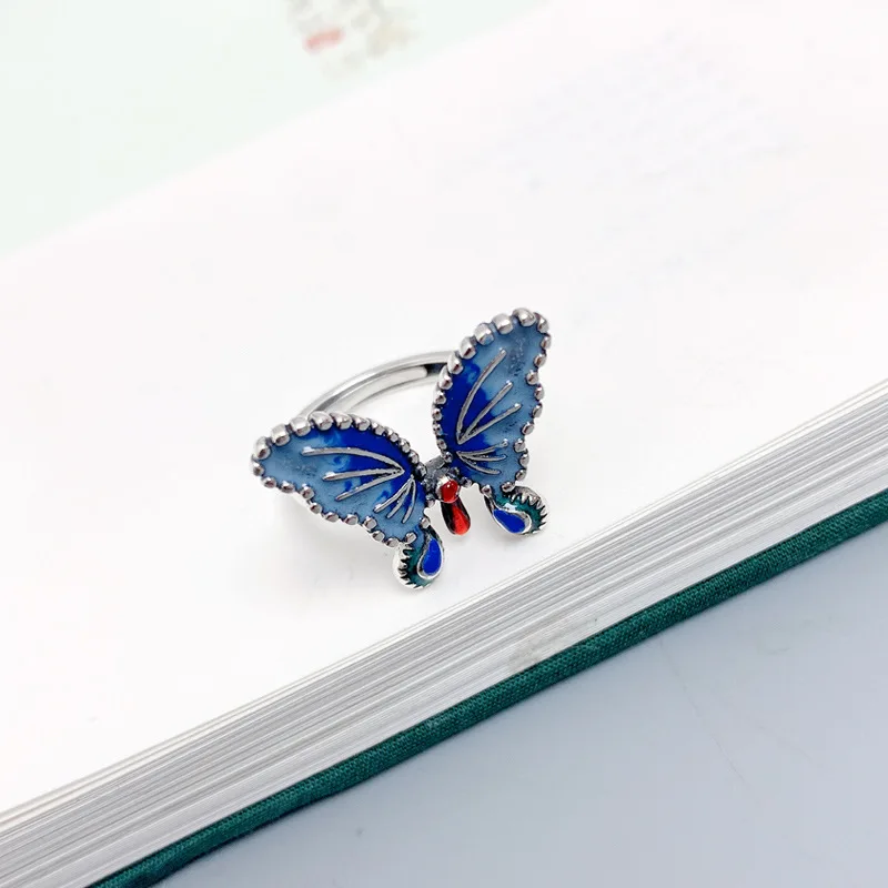 Vintage 925 Sterling Silver Enamel Butterfly Ring Women Girls Jewelry Ethnic Style Blue Insect Adjustable Opening Rings JZ127