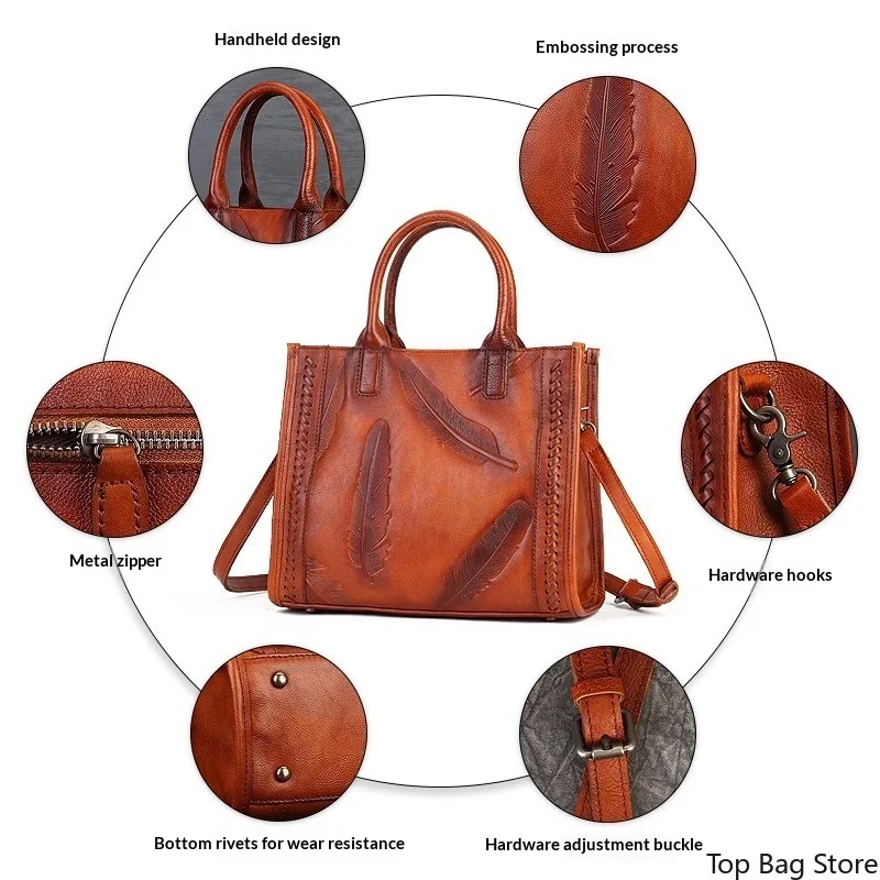 Vintage Mini Shoulder Bag for Women Top Grain Leather Feather Embossed Top Handle Luxury Handbag Elegant Everyday Convertible