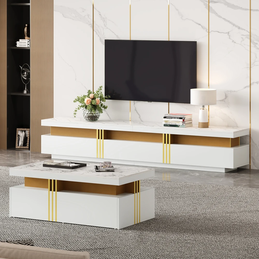 Set di mobili da parete bianchi per TV, composto da mobile da parete per soggiorno, tavolino da caffè e supporto per TV, set di mobili multifunzionali per lo stoccaggio, ideale per l’arredamento di