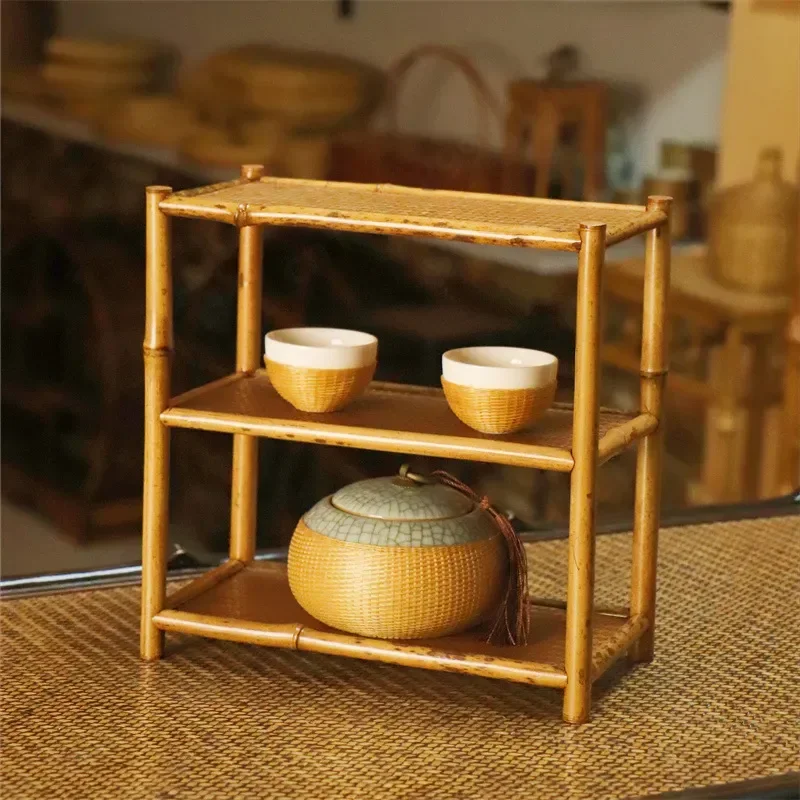 Retro Bamboo Bogu Frame Shelf Double Layer Desktop Tea Set Storage Cup Holder Teapot Stand Woven Mat Rack Model Merlot