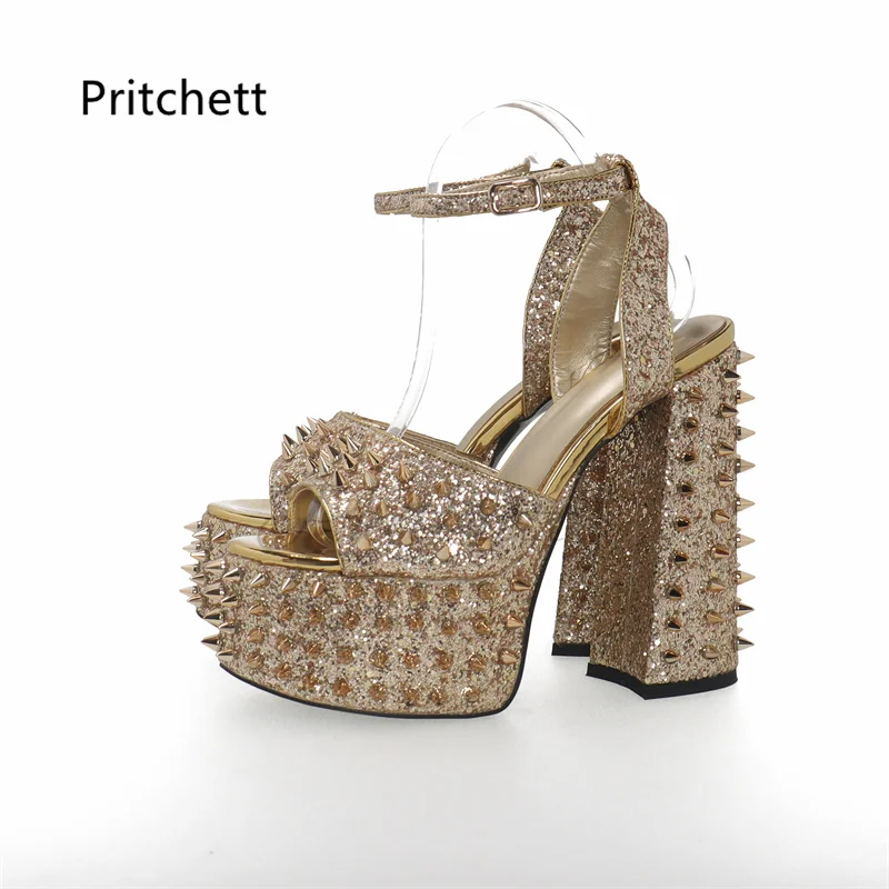 

Gold Rivet Platform High Heel Sandals for Women Punk Style Large Size Summer Peep Toe Shoes Thick Heel Solid Women's Sandals