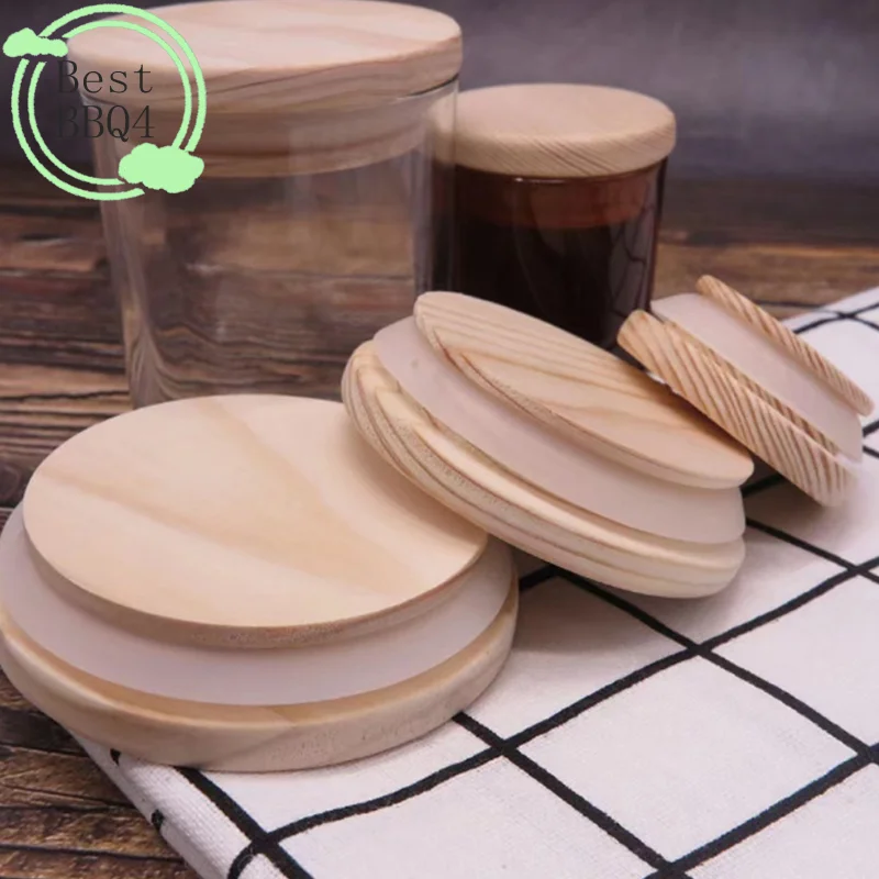 (BBQ4)Wooden Lid Silica Gel Circle Seal Up Cover Pine Wood Cover Flower Seal Up Cani Storage Jar Handmade Candle Cup Lid