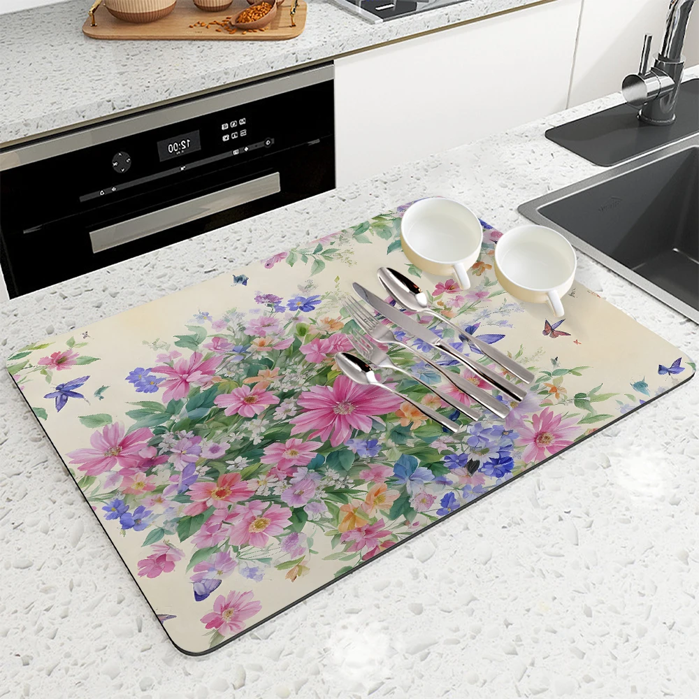 Absorbent Tableware Dish Drying Mats Plant Flower Desk Drain Pad Heat Resistant Counter  Mat Non-slip Draining Placemat Kitchen