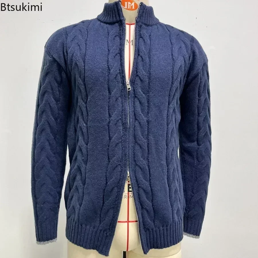2025 Men's Winter Warm Sweater Cardigan Knitted Solid Stand Collar Zipper Knitted Jacquard Sweater Coats Thickened Outwear Male