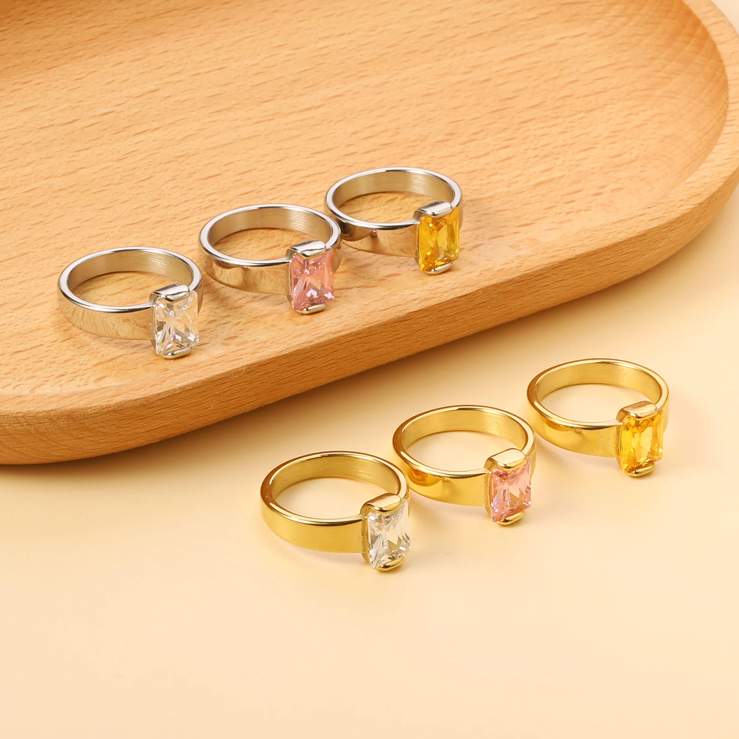 LUXUKISSKIDS Luxury AAA Bling Cubic Zirconia Classic Ring Stainless Steel Pink Full CZ Gold-Plate PVD Fashion Exquisite Jewelry