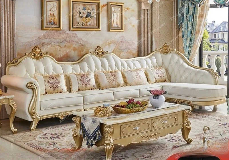 

Европейский кожаный угловой диван наложницы, высококачественный L-образный диван из массива дерева с резьбой по цветку