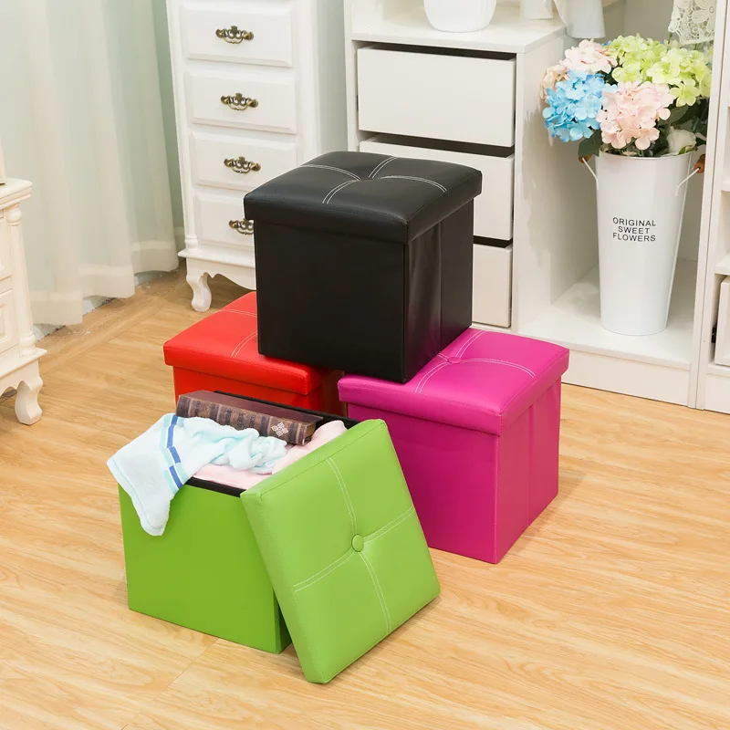 Stitched Leather Storage Ottoman Stool - Folding Footrest Shoe Bench Small Home Organizer Box