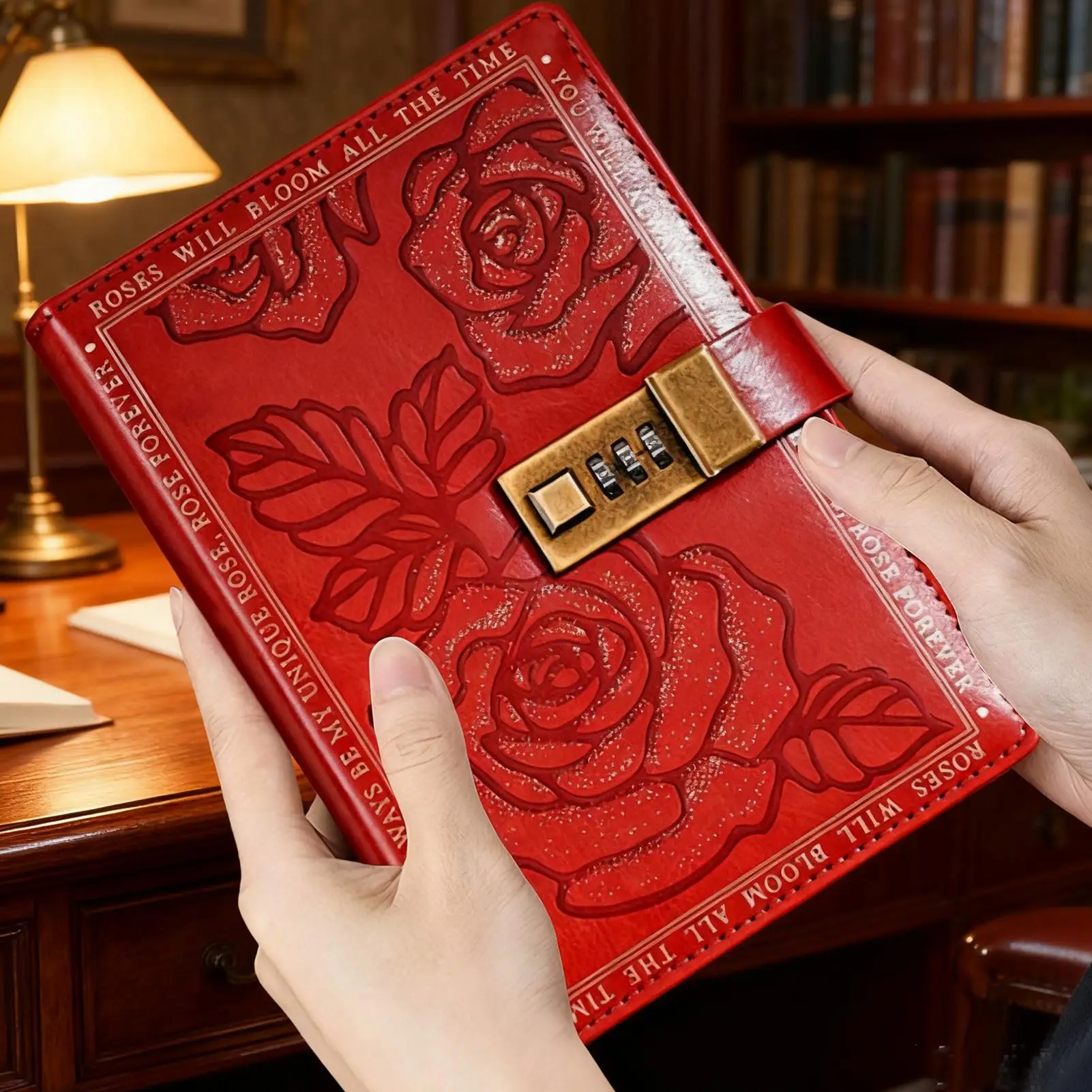 Diario con codice di blocco Copertina in pelle PU Diario con serratura Fiori e foglie Piante Etichetta Libro Blocco Diario di memoria Manuale