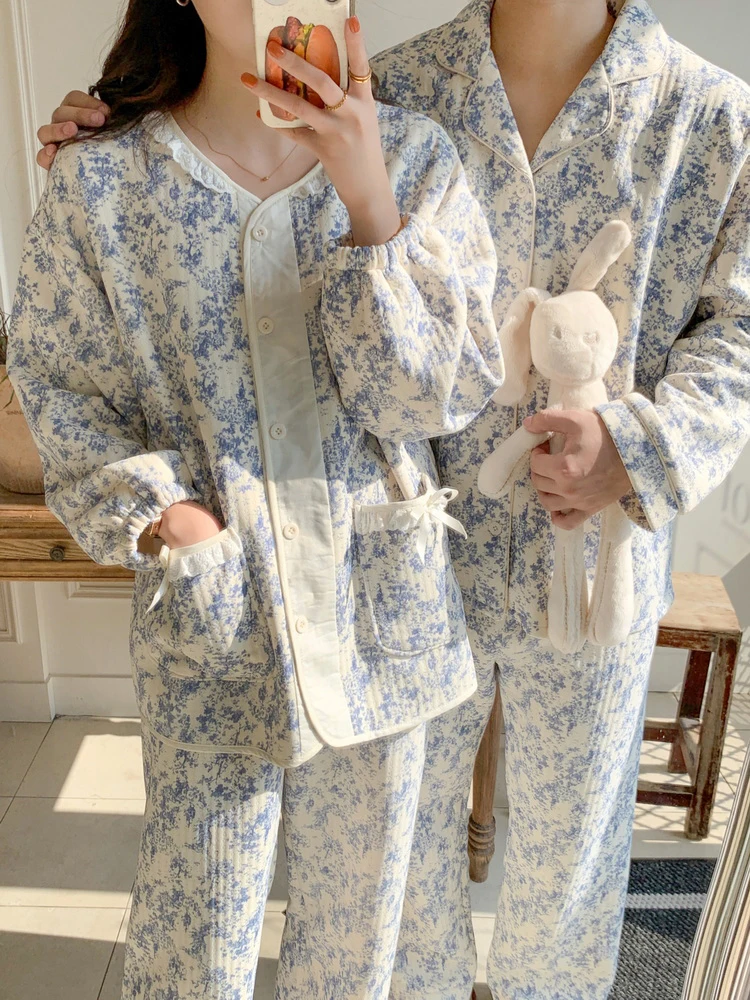 

Retro Chinese Ink Painting Couple Spwear Long Sve Thi Cotton Home Clothes Set for Men And Women in Autumn Winter