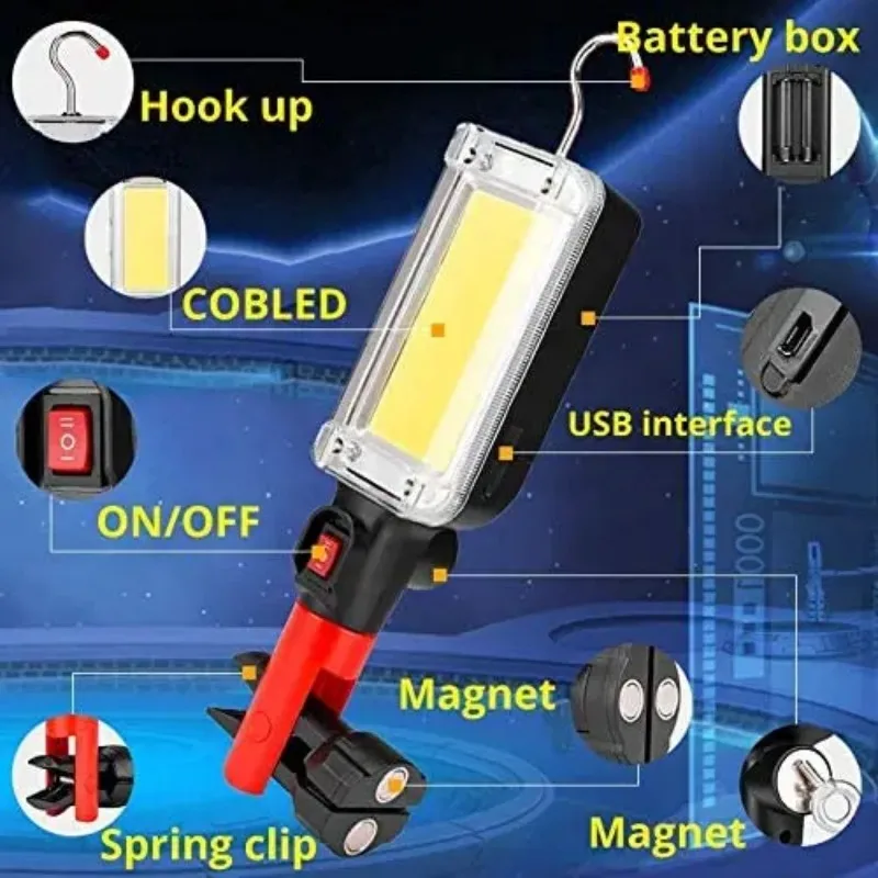 USB Charging Emergency Rescue Work Light Portable LED Flashlight 18650 Adjustable 2-mode Waterproof Magnet Design