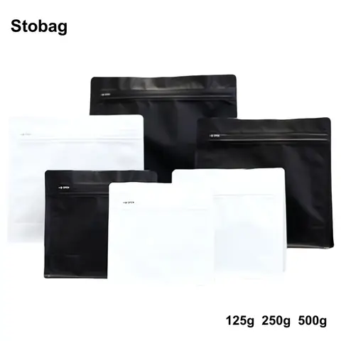 StoBag 50개 도매 화이트/블랙 커피 원두 포장 백 알루미늄 호일 두꺼운 스탠드 업 열 밀봉 보관 재사용 가능 파우치