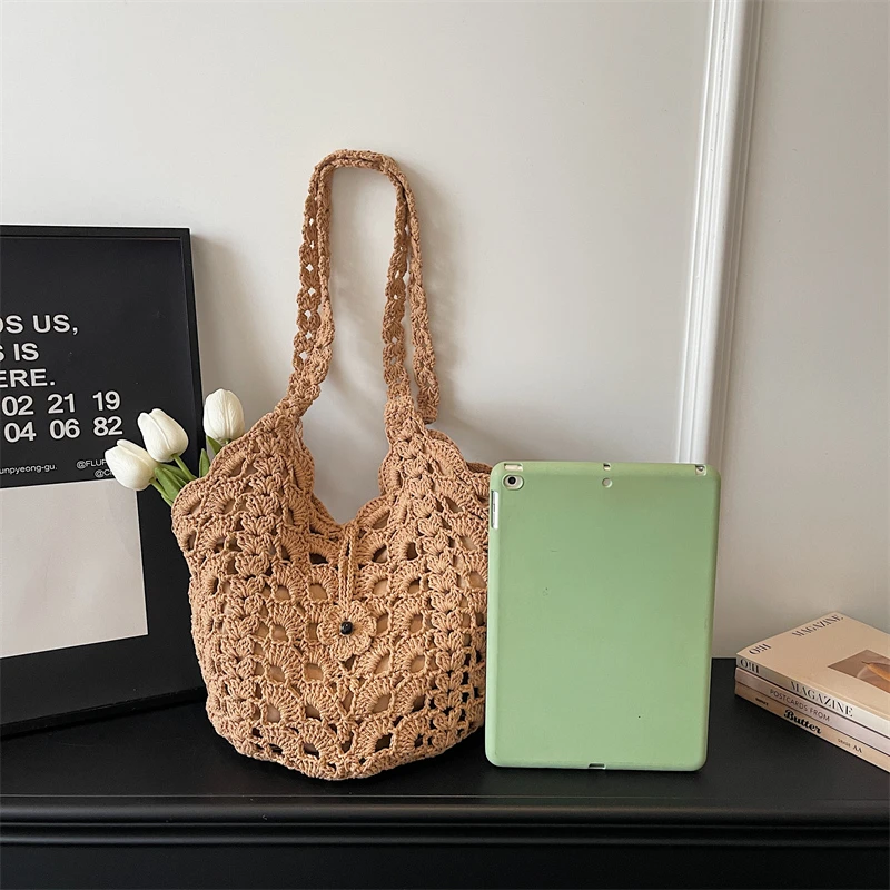 Fashion Handmade Crochet Hollow Tote Bag for Women Vacation Multi-color Woven Shoulder Bags Daily Boho Beach Handbag for Summer view 5
