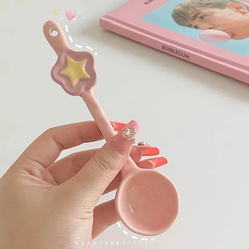 Cute Girl Afternoon Tea Pink Ceramic Coffee Cup and Saucer Set with Spoon Three-dimensional Small Wings Star