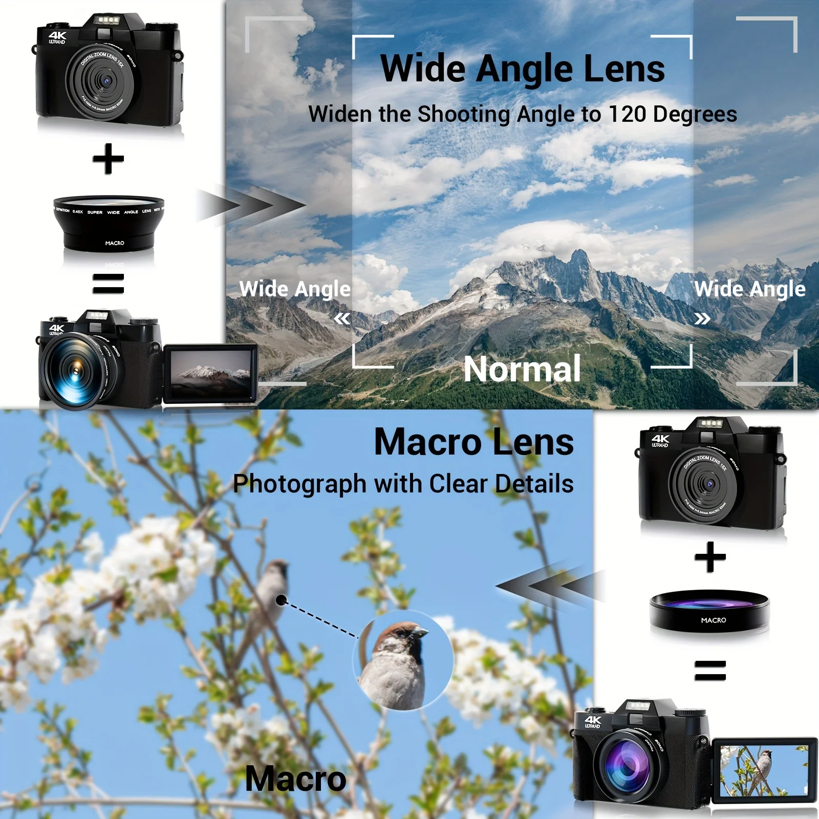 كاميرا رقمية 4K للتصوير الفوتوغرافي 16X كاميرا تسجيل فيديو تكبير رقمي ليوتيوب 64 ميجابكسل واي فاي كاميرا فيديو بتركيز تلقائي 3 بوصة شاشة قلابة