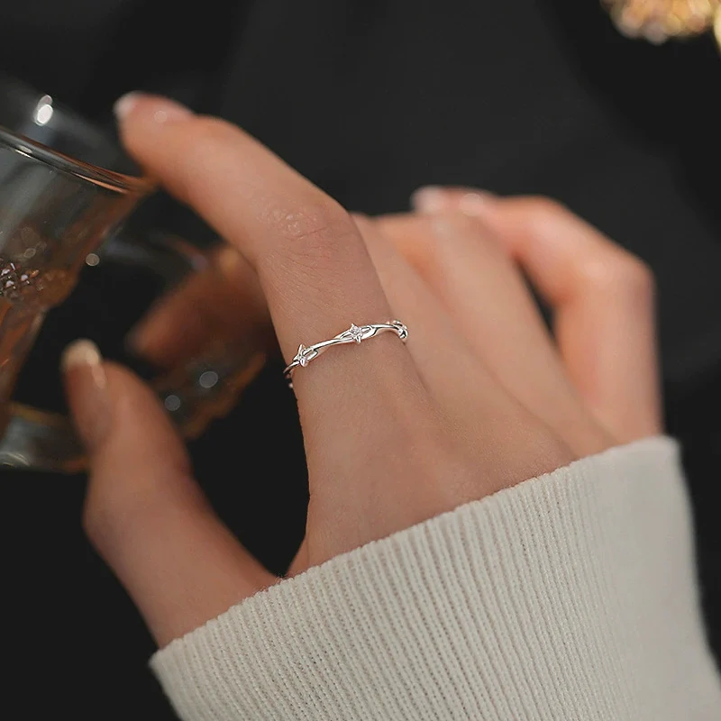 Four Pointed Star Zircon Ring Three Star Twisted Rope Rings Fashion Simple 925 Silver Lucky Star Ring For Girl Student KOFSAC
