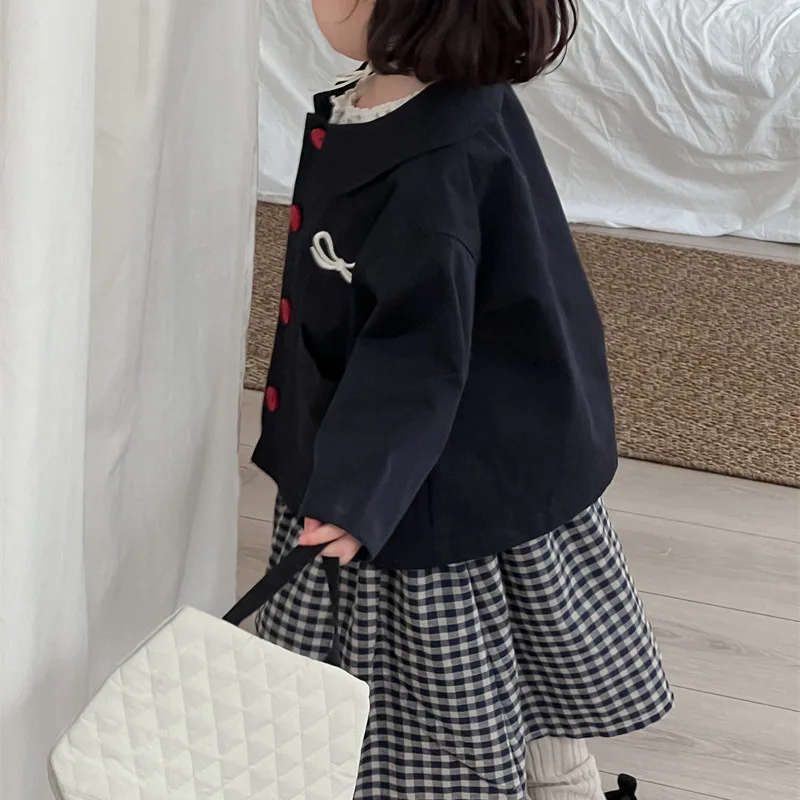 2025 Autumn New Product Children's Korean Version Embroidered Bow Lapel Trench Coat Girls Temperament Long-sleeved Jacket Han