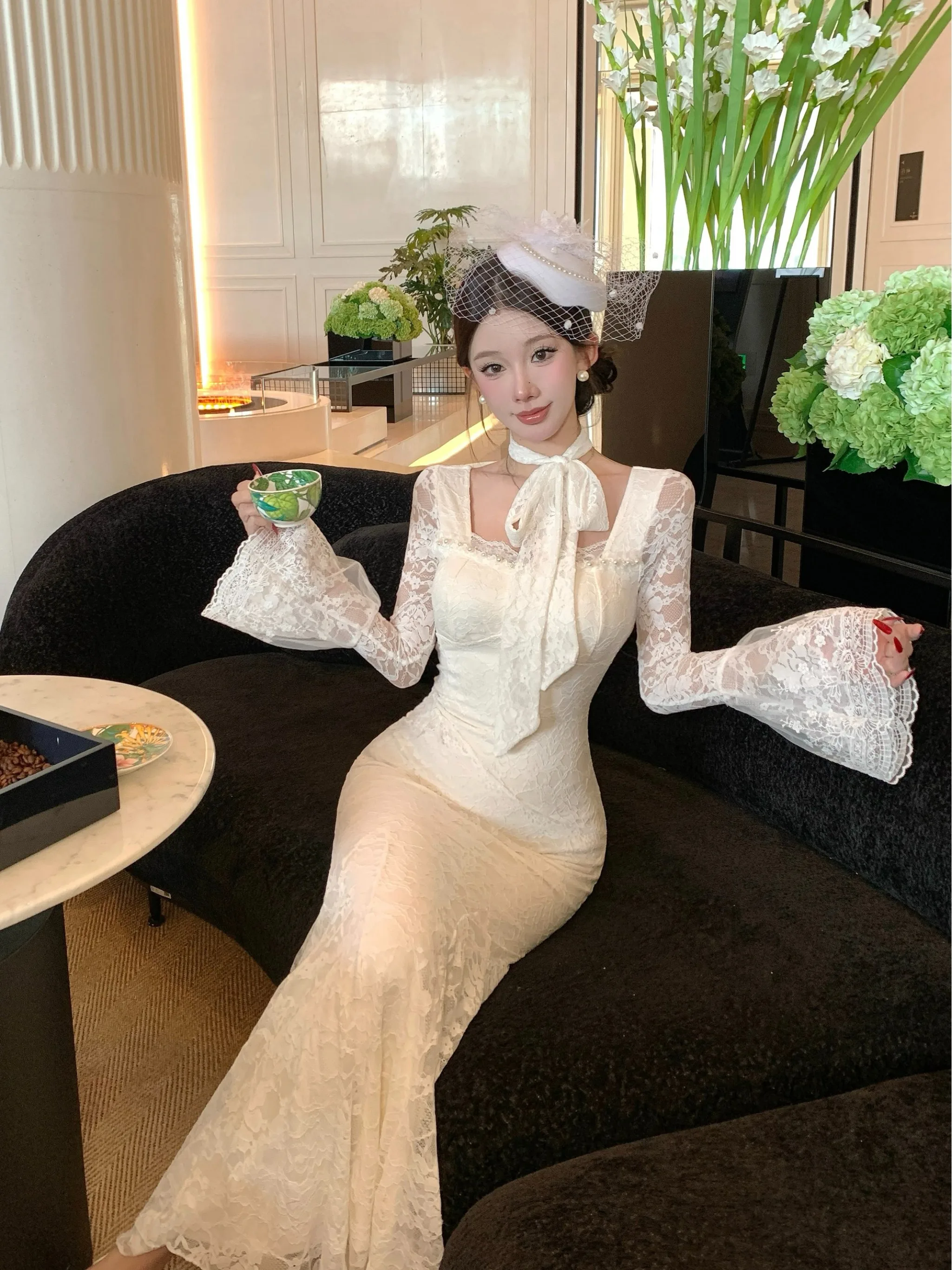 

Ele Lace Bell Sve Dr Женское милое платье принцессы на день рождения Облегающая облегающая юбка с высокой талией Длинный свек Осень Зима