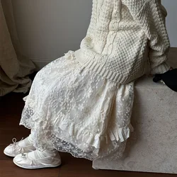 韓国のプリンセスレーススカート,シンプルな刺繍服,伸縮性のあるウエスト,甘い,白い,新しい,ファッション,赤ちゃん,女の子,秋,2024