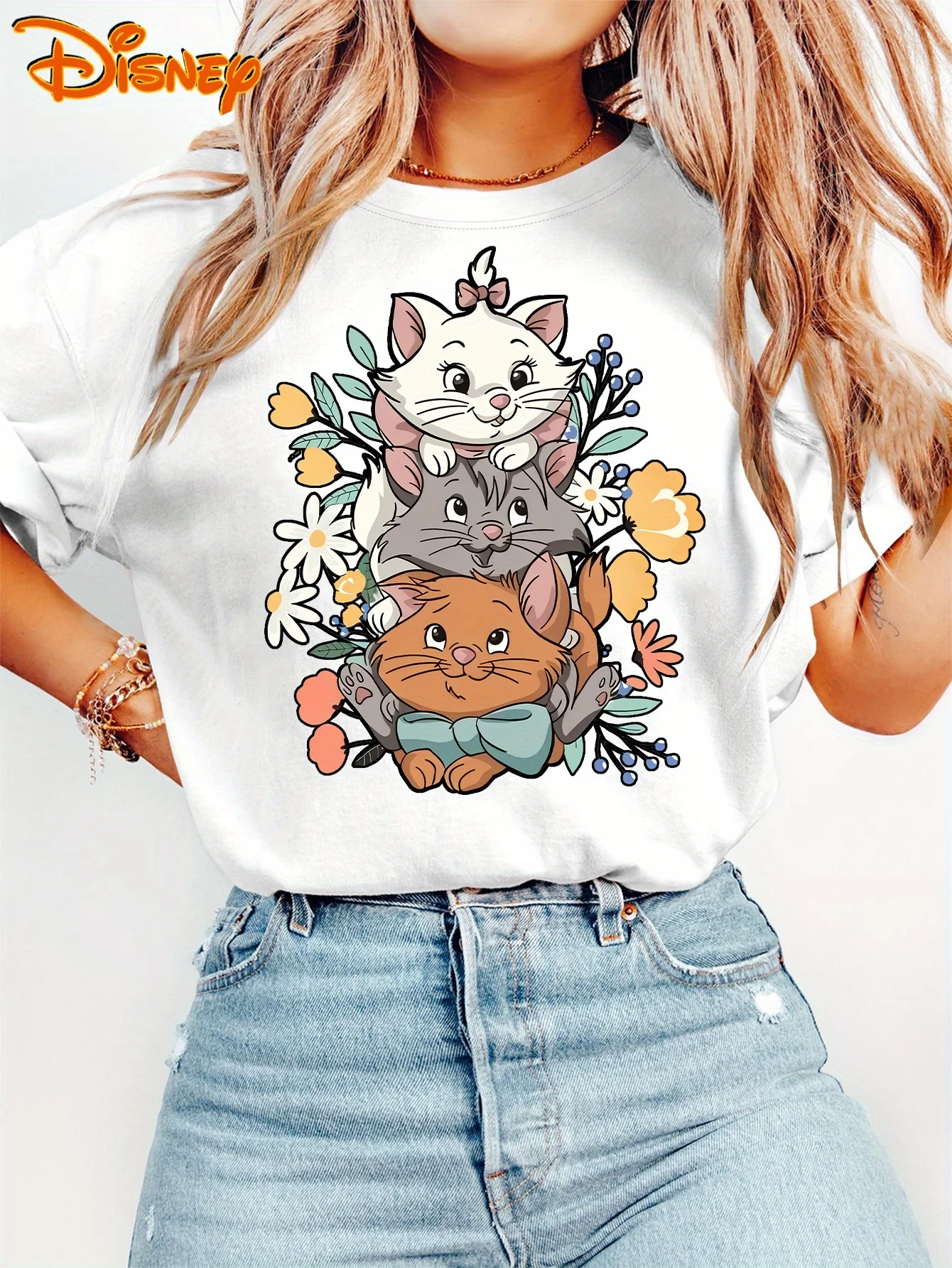 

2025 Disney Pattern Printed Women's Casual Comfortable Unique Smiling Face Black Round Neck Short Sleeve T-shirt