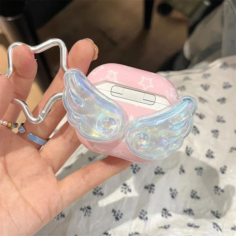 

Pink Star Stereoscopic Blue Wings Earphone Protective Cover with Star Buckle for AirPods 1 2 3 4 Pro Pro2