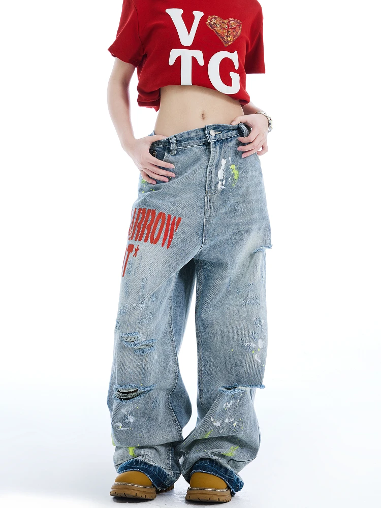 

Washed Embroidered Hole American High Street Jeans Men's Summer Loose Straight Fashion Wide Leg Knife Long Pants Casual Cotto...