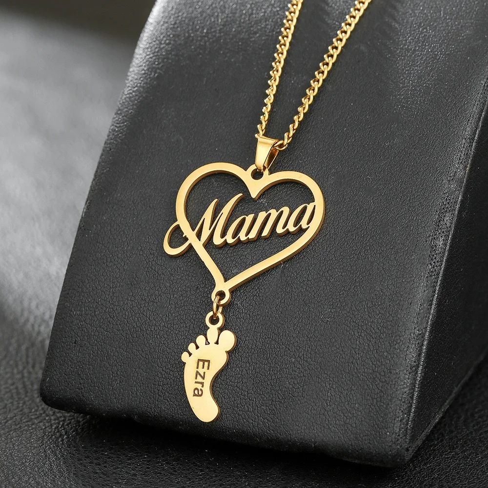 Custom Name Stainless Steel Heart Footprint Necklace Heart Engraved Parents Children Mother Day Birthday Gift Mom Luxury Parent