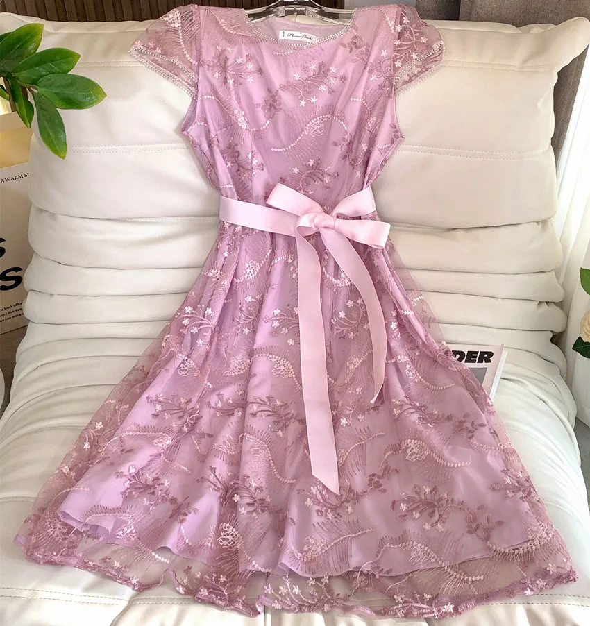 

JSXDHK High Quality Women O Neck Pink Mesh Flower Dress Elegant Summer Embroidery Short Sleeve Lace Up Ladies Office Vestidos