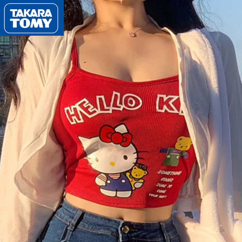 

TAKARA TOMY Summer New Cute Hello Kitty Cartoon Printed Cotton Red Vest Student Short Slim Fit Seaside Beach Suspender Top