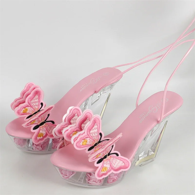 Eilyken Fashion Butterfly-knot Ankle Lace-up Women Sandals Design Plexiglass Crystal Wedge High Heels Party Shoes