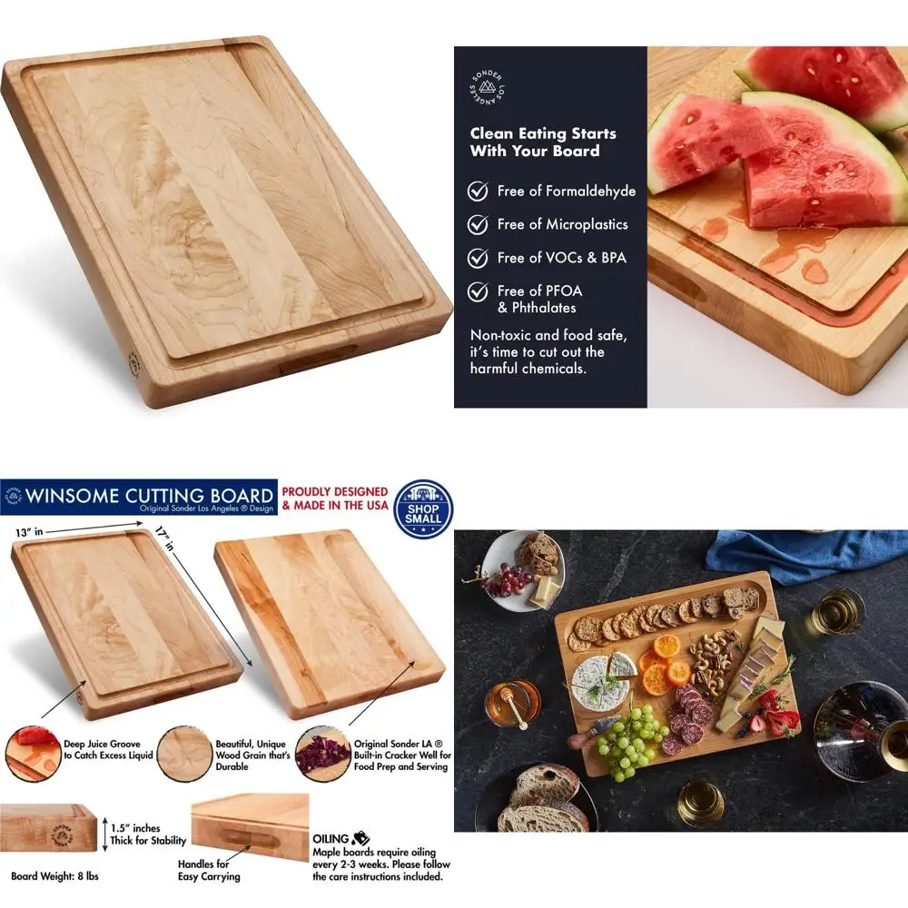 

Large Thick Maple Wood Kitchen Cutting Board with Juice Groove and Sorting Compartment, Handmade in USA, Charcuterie Board