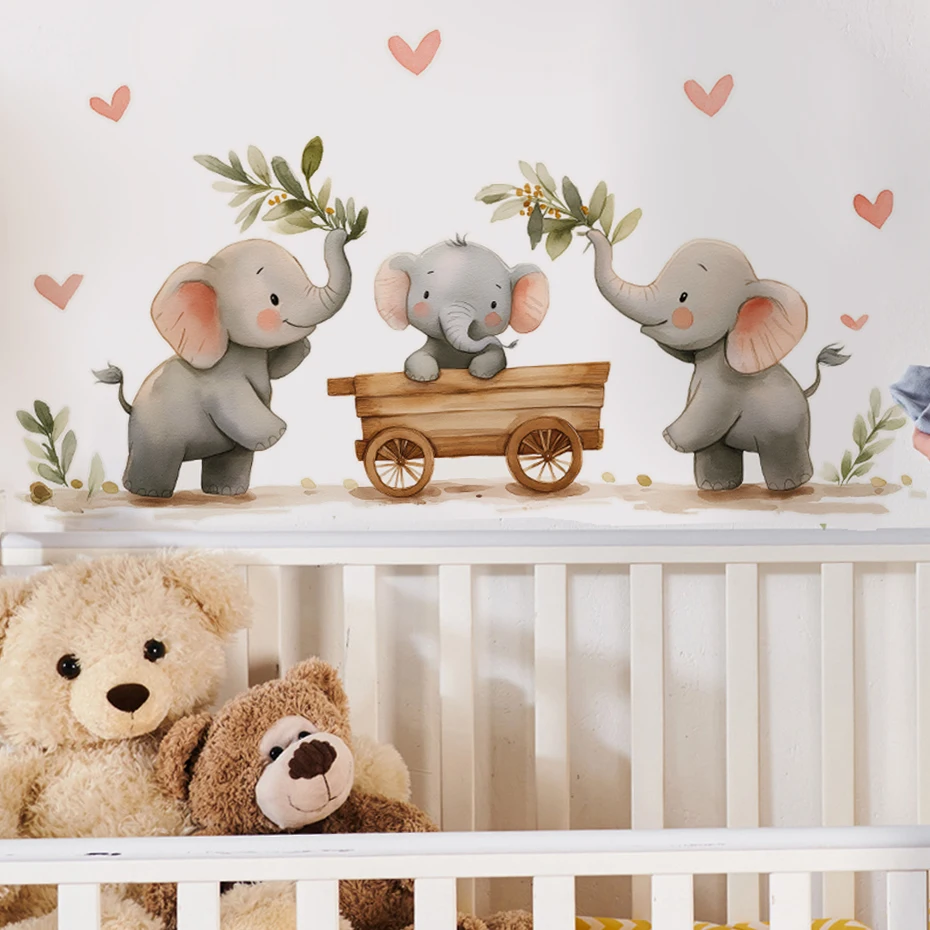 ملصقات حائط على شكل قلب على شكل فيل لطيف على شكل كرتوني لغرفة الأطفال وغرفة النوم والحضانة بألوان مائية لتزيين المنزل
