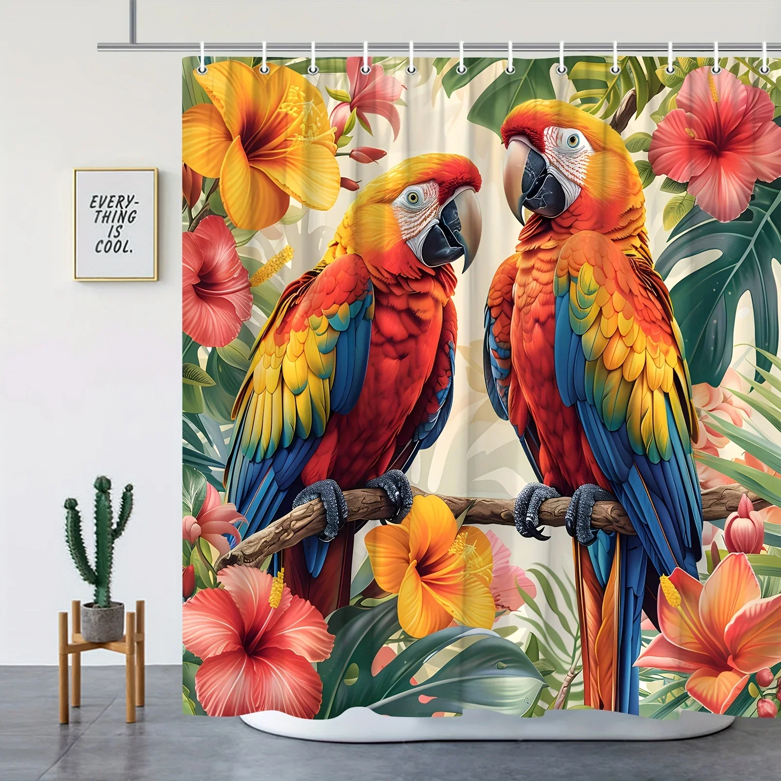 

Springtime Floral & Bird-Themed Shower Curtain-Vibrant Yellow Flowers,Parrots&Colorful Feathers Design-Durable Polyester Fabric