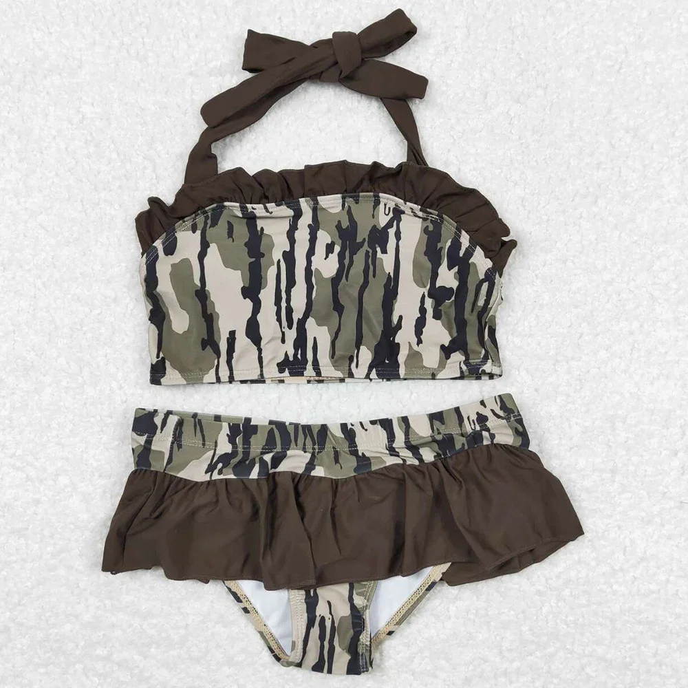 ขายร้อนเด็กทารกชุดว่ายน้ํา Camo Light สีเทา Ruffle Top Bummie 2 ชิ้นชุดว่ายน้ํา Seaside ชุดว่ายน้ําบูติกเด็กอาบน้ํา