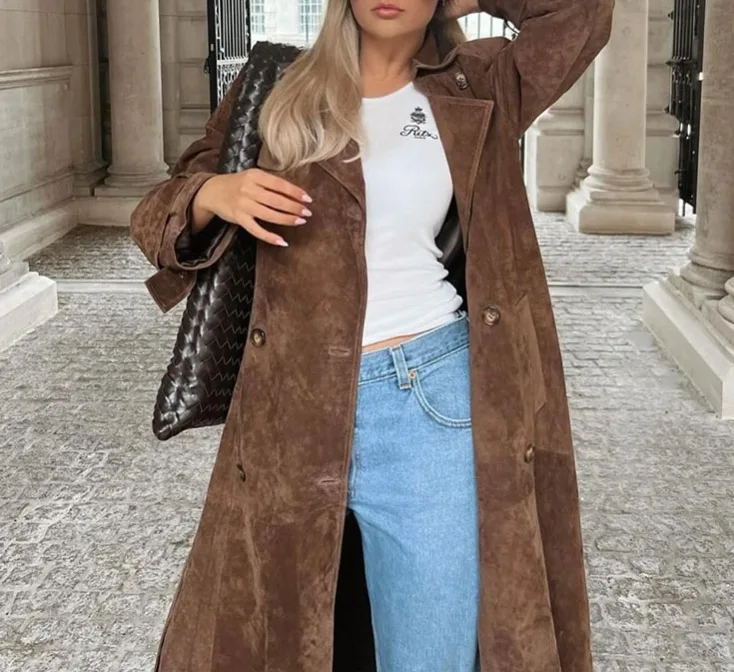 Nuovo cappotto lungo autunnale 2025 con risvolto e cappotto doppiopetto, giacca a vento pigra, ampia e lussuosa