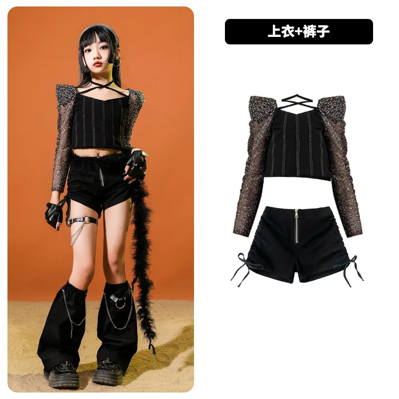 Kpop Black Jazz Dance Clothes Girls Shiny Crp Tops Pants Hip Hop