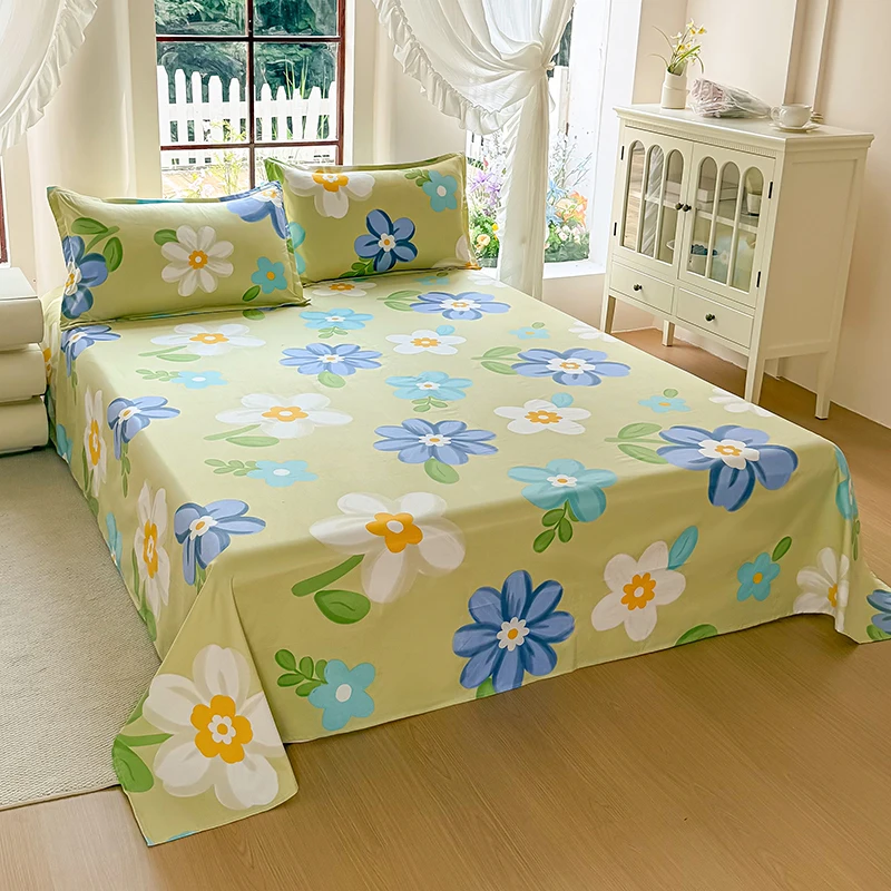 3PCS Bed Flat Sheet WITH Pillowcase Bed Plain Solid Color Top Sheets Single/Queen/King Flat Bedsheets Home Bed Linen Sheets