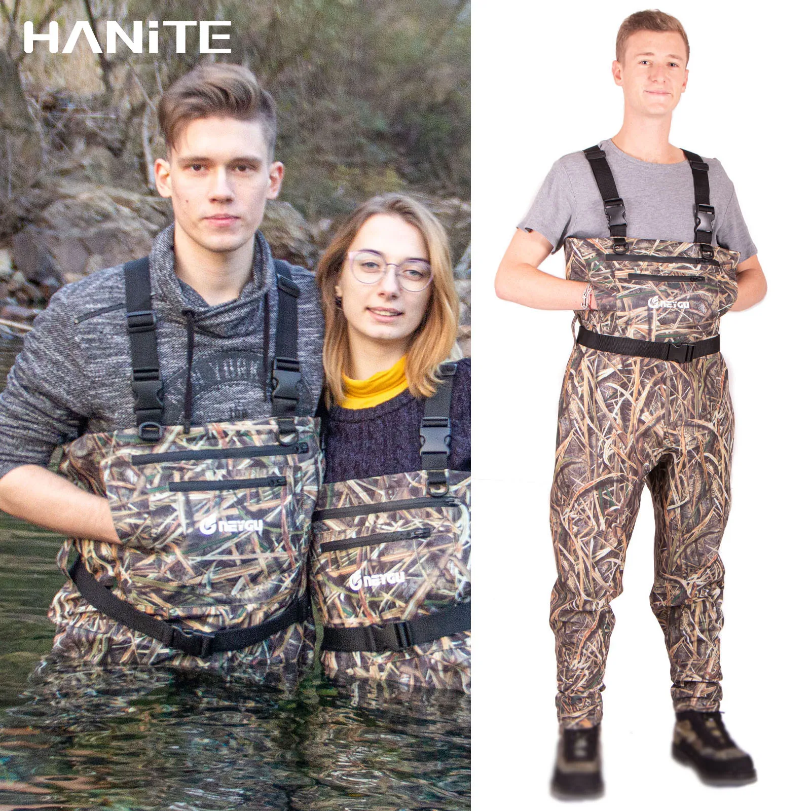 

NeyGu Green Reed Leaf Quick-Drain Waterproof and Breathable Chest Wader with 4mm Neoprene Stocking Foot for Fishing and Hunting