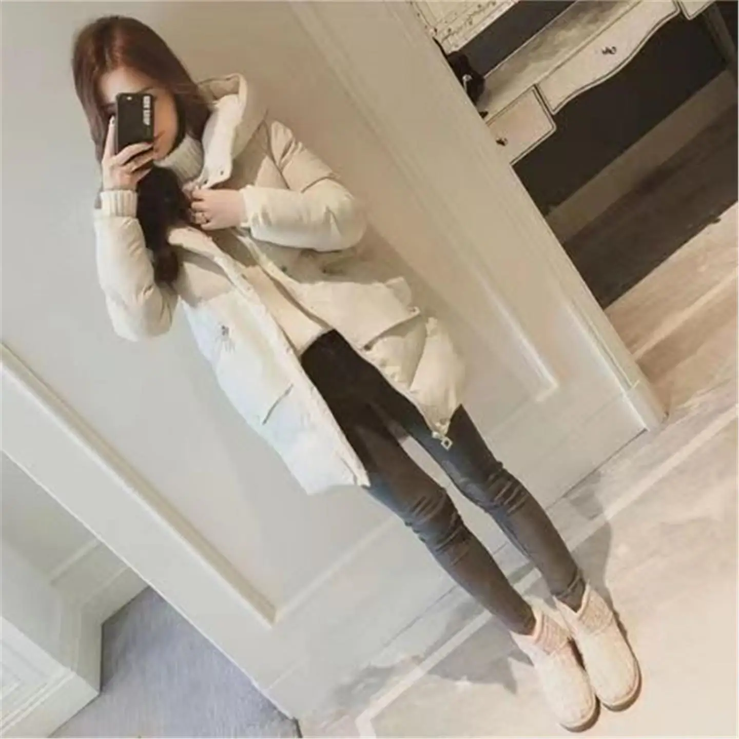 

Women's Oversize Cotton down Jacket Mid-Length Loose Fit Autumn Winter Warm Thickened Zipper Closure Color Commute Style