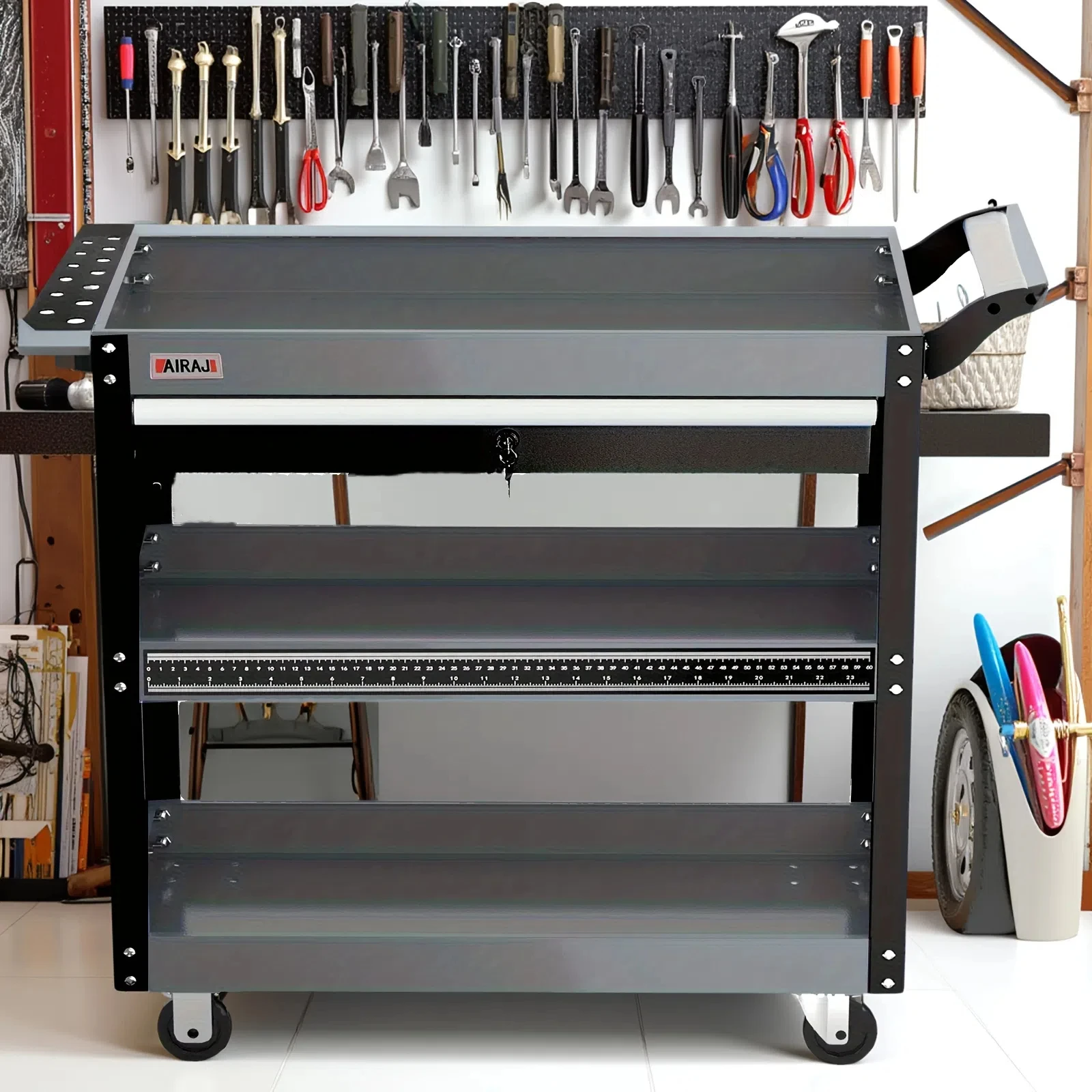 

Three layer rolling tool cart with wheels | Mechanical tool cart with hooks, drawer pads, tray dividers, warehouse storage equip