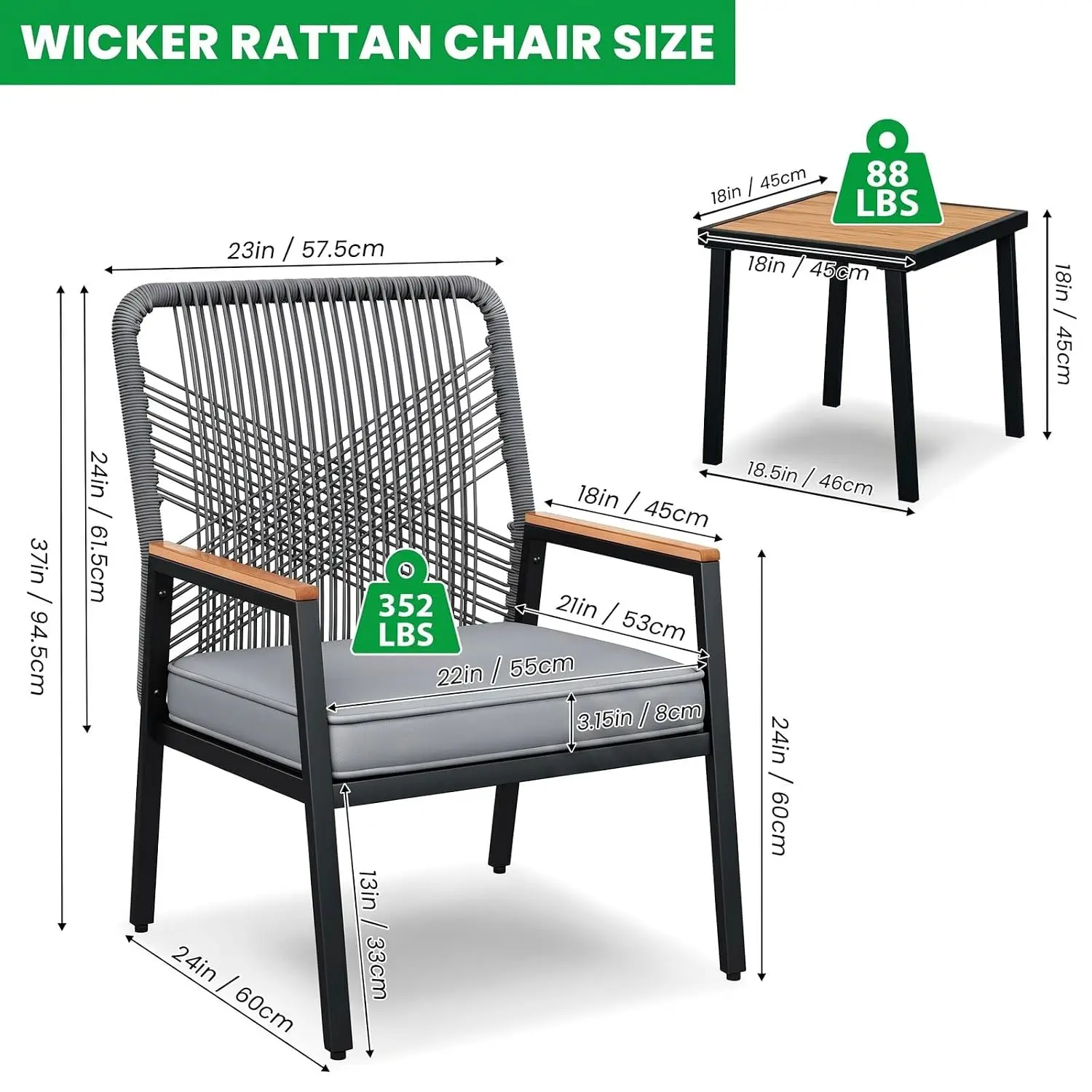 3-Piece Rattan Patio Sofa Set With Table & Cushions, Gray, Customized