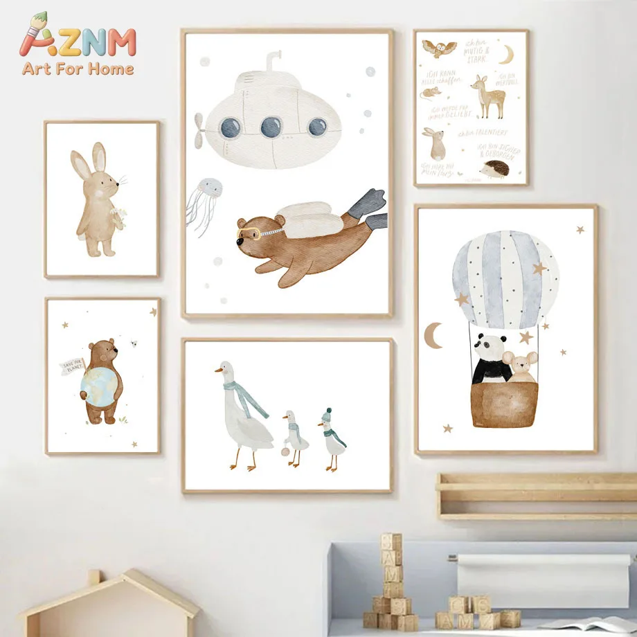 AZNM Neutral Watercolor Animal Canvas Print Bear Rabbit Panda Duck Submarine Hot Air Balloon Adventure Kids Nursery Unframed Wal