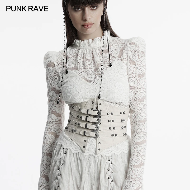 PUNK RAVE Women's Punk Faux Leather Retro Sexy Corset V-shaped Design Metal Avant-garde Adjustable Drawstring Accessories